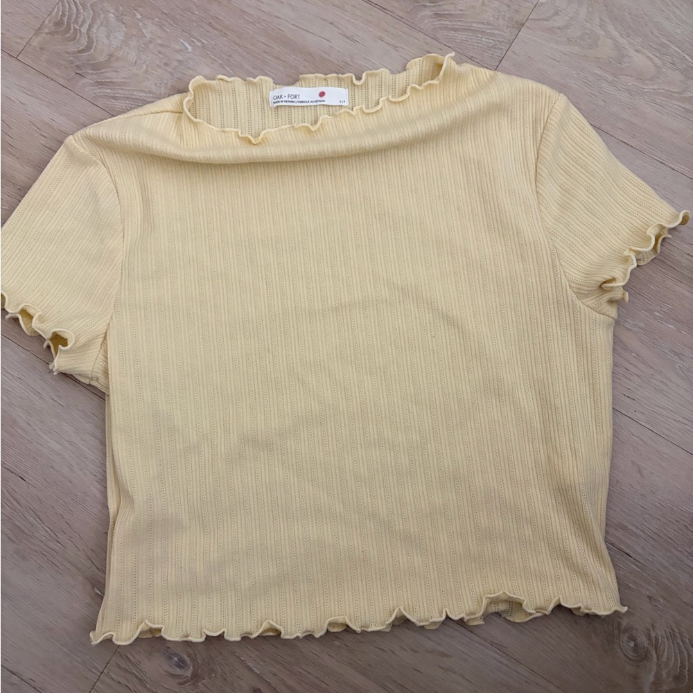 OAK + FORT Pale Yellow Ribbed Lettuce-Edge Crop Top